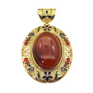 copper Oval pendant with carnelian, enamel, gold plated, approx 18-25mm, 33-40mm, 6mm holle