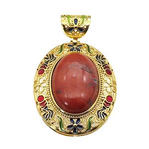 copper Oval pendant with red jasper, enamel, gold plated, approx 18-25mm, 33-40mm, 6mm holle