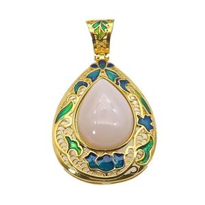 copper Teardrop pendant with gemstone, enamel, gold plated, approx 15-20mm, 27-35mm, 6mm hole