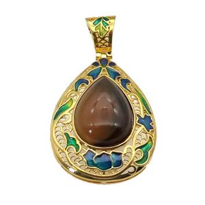 copper Teardrop pendant with tigereye, enamel, gold plated, approx 15-20mm, 27-35mm, 6mm hole