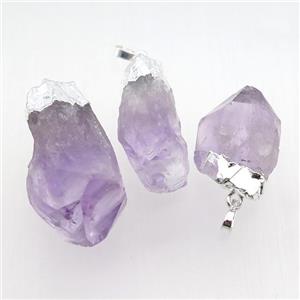 purple Amethyst nugget pendant, freeform, silver plated, approx 13-30mm