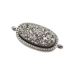 silver druzy quartz oval connector, platinum plated, approx 10-16.5mm