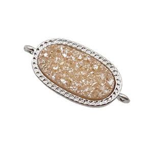 champagne druzy quartz oval connector, platinum plated, approx 10-16.5mm
