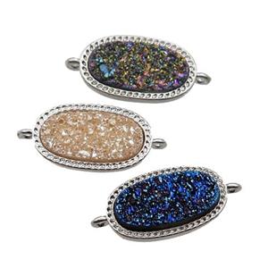 druzy quartz oval connector, platinum plated, mixed, approx 10-16.5mm