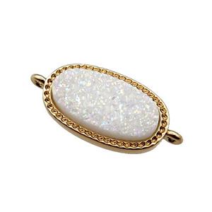 white druzy quartz oval connector, gold plated, approx 10-16.5mm