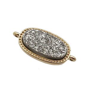 silver druzy quartz oval connector, gold plated, approx 10-16.5mm