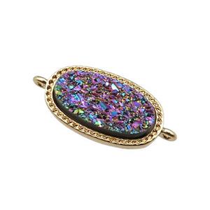 rainbow druzy quartz oval connector, gold plated, approx 10-16.5mm