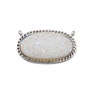white AB-color druzy quartz oval pendant, platinum plated, approx 10-16.5mm