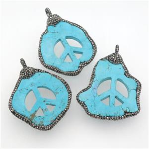blue Magnesite Turquoise Peace Sign Pendant paved rhinestone, approx 30-50mm
