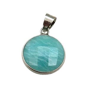 green Russian Amazonite circle pendant, platinum plated, approx 16mm dia