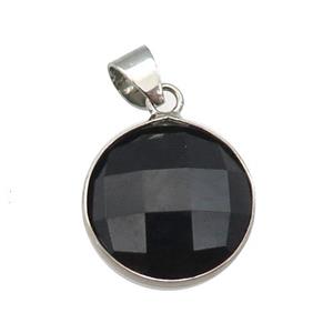 black Onyx Agate circle pendant, platinum plated, approx 16mm dia