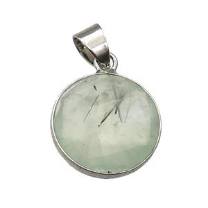 green Prehnite circle pendant, platinum plated, approx 16mm dia