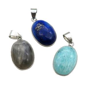 mix Gemstone oval pendant, platinum plated, approx 13-18mm