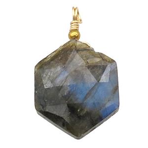 Labradorite pendant, hexagon, wire wrapped, approx 20mm