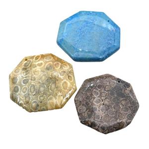 Coral Fossil octagon pendant, mixed color, approx 45-50mm