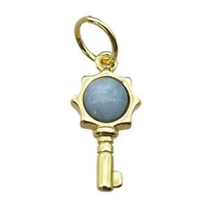 copper Key pendant pave aquamarine, gold plated, approx 6mm, 20mm