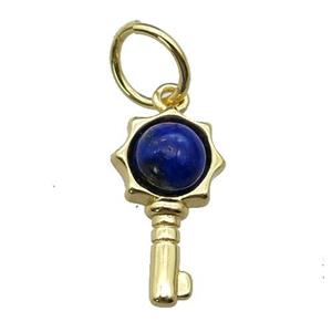 copper Key pendant pave Lapis, gold plated, approx 6mm, 20mm