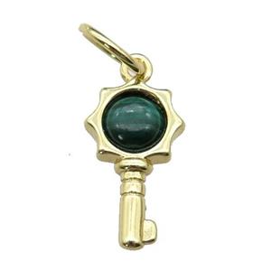 copper Key pendant pave Malachite, gold plated, approx 6mm, 20mm