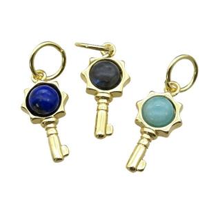copper Key pendant pave gemstone, mixed, gold plated, approx 6mm, 20mm