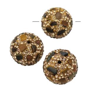Tiger eye stone Beads pave rhinestone, round, approx 18mm dia