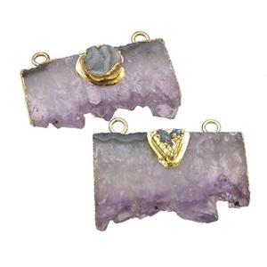 Amethyst Druzy Slice pendant with 2loops, gold plated, approx 20-35mm