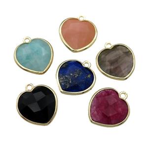 mixed Gemstone heart pendant, gold plated, approx 15mm