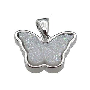 white AB-color Resin Druzy butterfly pendant, platinum plated, approx 11-17mm