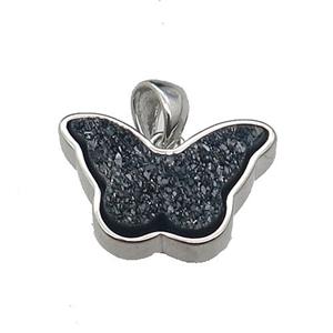 black Resin Druzy butterfly pendant, platinum plated, approx 11-17mm