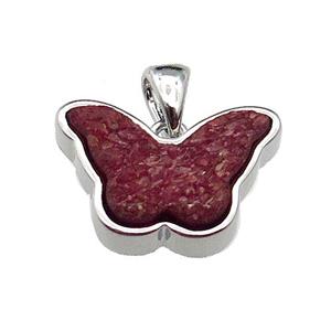 red Resin Druzy butterfly pendant, platinum plated, approx 11-17mm