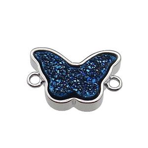 blue Resin Druzy butterfly connector, platinum plated, approx 11-17mm