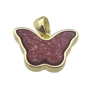 red Resin Druzy butterfly pendant, gold plated, approx 11-17mm