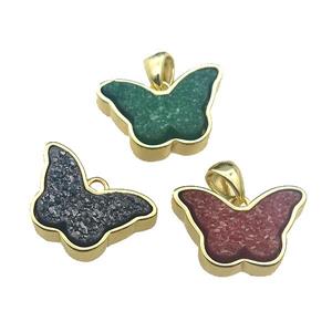 Resin Druzy butterfly pendant, mixed, gold plated, approx 11-17mm