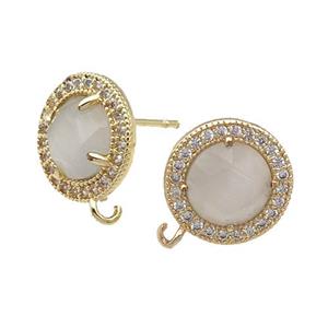 White Cat Eye Stone Stud Earring With Loop Circle Gold Plated, approx 12.5mm dia