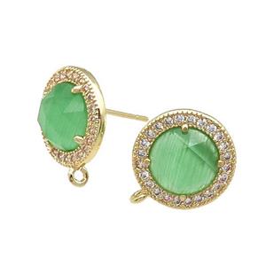 Green Cat Eye Stone Stud Earring With Loop Circle Gold Plated, approx 12.5mm dia