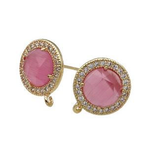 Pink Cat Eye Stone Stud Earring With Loop Circle Gold Plated, approx 12.5mm dia