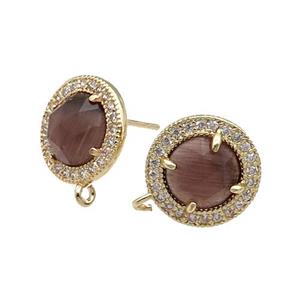 Smoky Cat Eye Stone Stud Earring With Loop Circle Gold Plated, approx 12.5mm dia