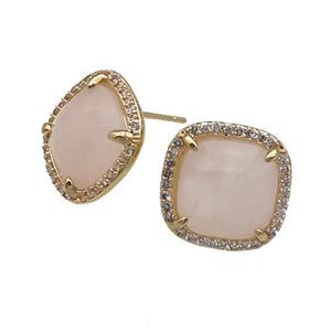 Rose Quartz Stud Earring Square Gold Plated, approx 14mm