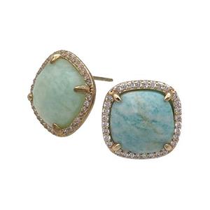 Green Amazonite Stud Earring Square Gold Plated, approx 14mm