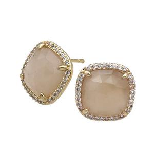 Peach Jade Stud Earring Square Gold Plated, approx 14mm