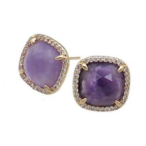 Purple Amethyst Stud Earring Square Gold Plated, approx 14mm