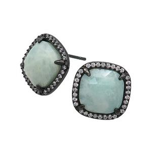 Green Amazonite Stud Earring Square Black Plated, approx 14mm