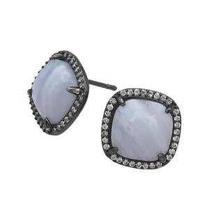 Blue Lace Agate Stud Earring Square Black Plated, approx 14mm