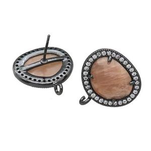 Peach SunStone Stud Earring With Loop Potato Black Plated, approx 15-18mm