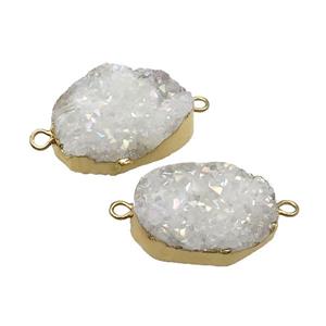 White Quartz Druzy Connector AB-Color Gold Plated, approx 15-25mm