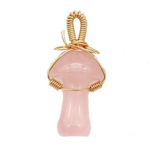Pink Rose Quartz Mushroom Pendant Wire Wrapped, approx 18-28mm