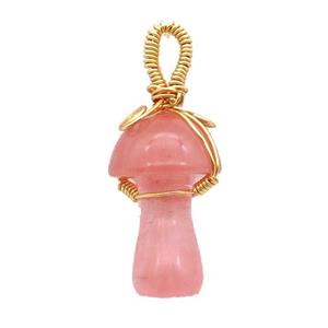 Synthetic Watermelon Quartz Mushroom Pendant Wire Wrapped Pink, approx 18-28mm