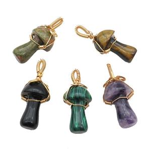 Mixed Gemstone Mushroom Pendant Wire Wrapped, approx 18-28mm