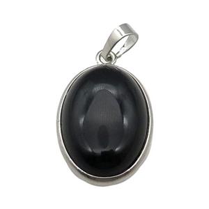 Black Obsidian Oval Pendant Platinum Plated, approx 18x25mm