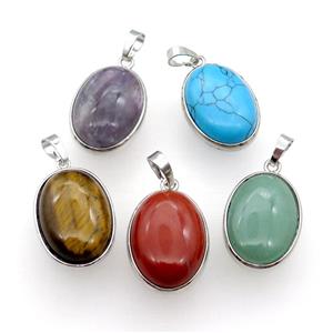 Mixed Gemstone Oval Pendant Platinum Plated, approx 18x25mm