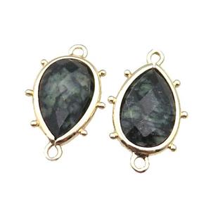 Green Kambaba Jasper Connector Faceted Teardrop Gold Plated, approx 10-18mm